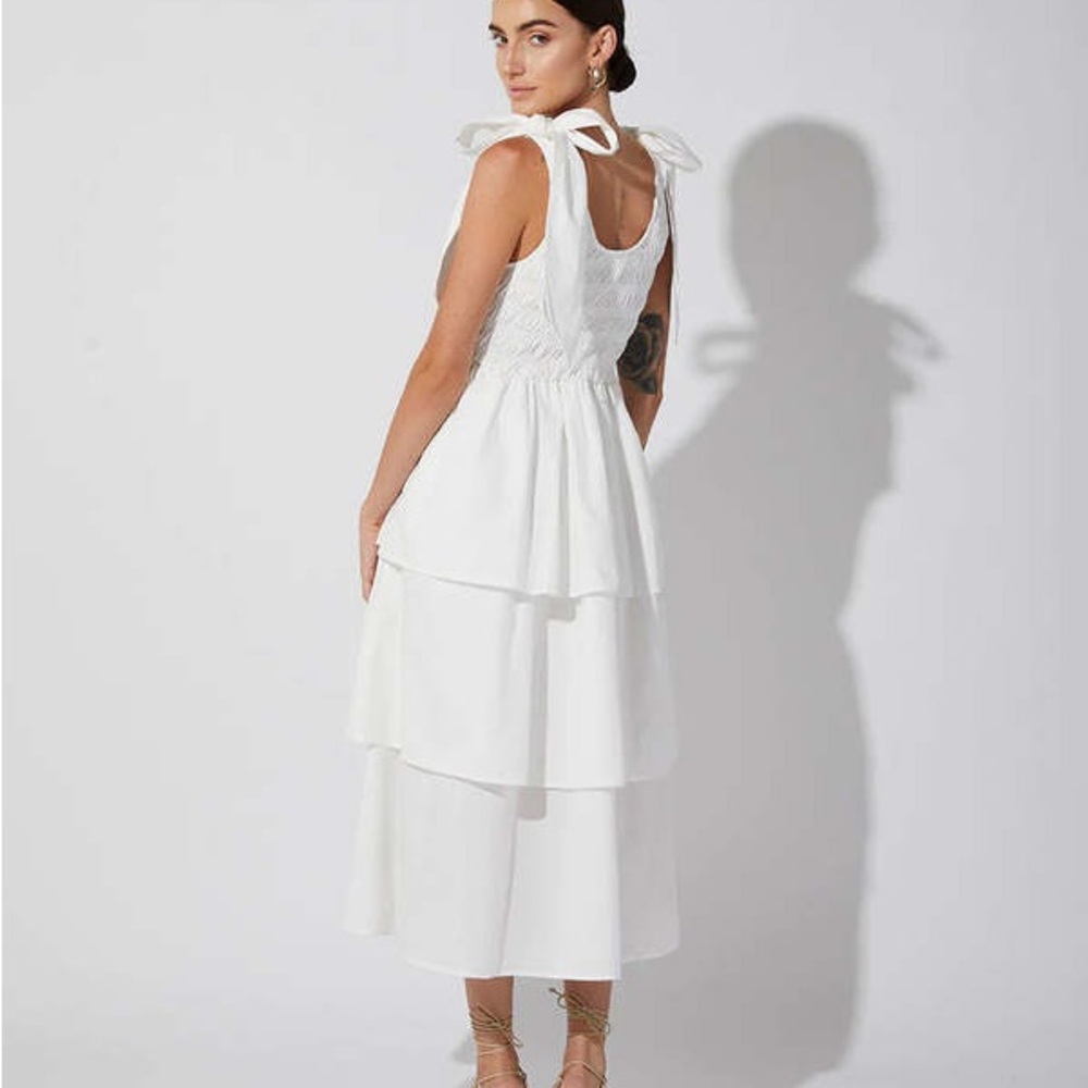 CLEOBELLA Kaiya Ruffle Tea Dress Smocked White Tiered Bow Coquette Cottagecore S - Picture 14 of 14